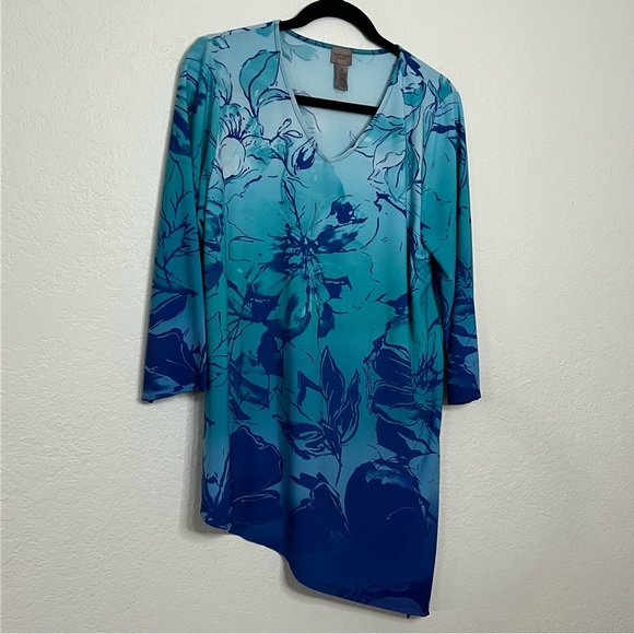 Easywear By Chico’s Blue Floral Ombré Asymmetrical Hem‎ Tunic Women’s Large 2 - Picture 2 of 8